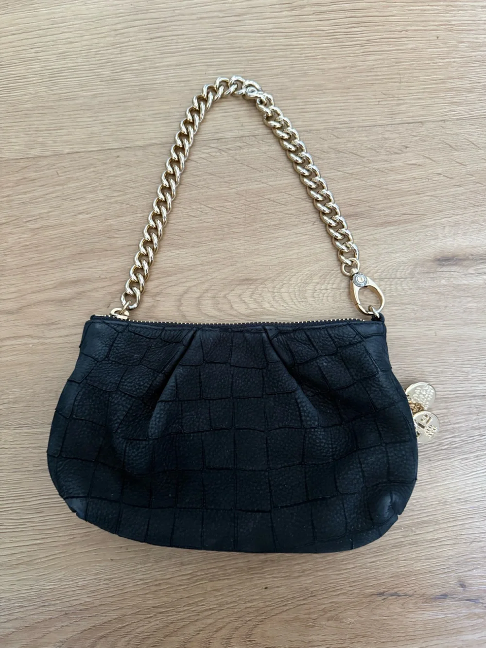 Henri Bendel Black Leather & Gold Classic Clutch with Purple Lining Small